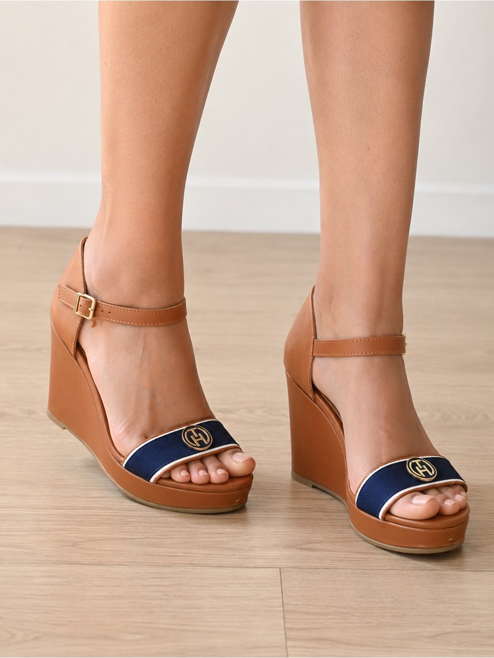 Tommy Hilfiger Tan Leather Wedge Sandals with Navy Accent